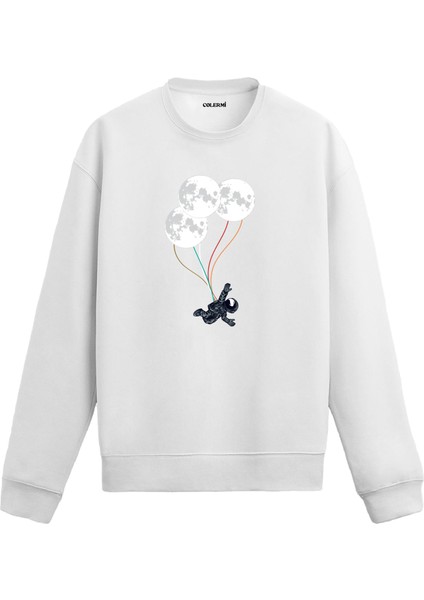 Astronot ve Ay Balonu Uzay Tasarım Baskılı Unisex Sweatshirt