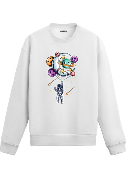 Astronot ve Gezegenler Balonlu Uzay Tasarım Baskılı Unisex Sweatshirt