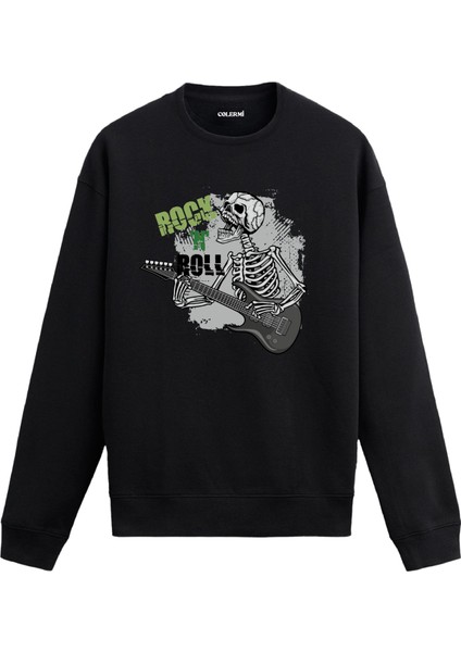 Rock’n Roll Kurukafa Tasarım Baskılı Unisex Sweatshirt