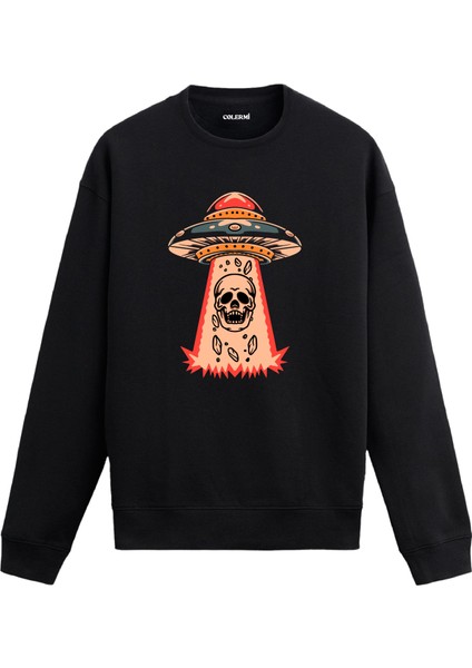 Ufo Işınlı Kurukafa Tasarım Baskılı Unisex Sweatshirt