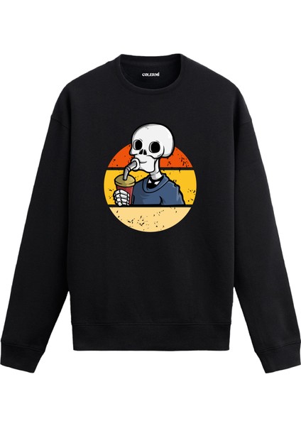 Retro Içecekli Kurukafa Tasarım Baskılı Unisex Sweatshirt