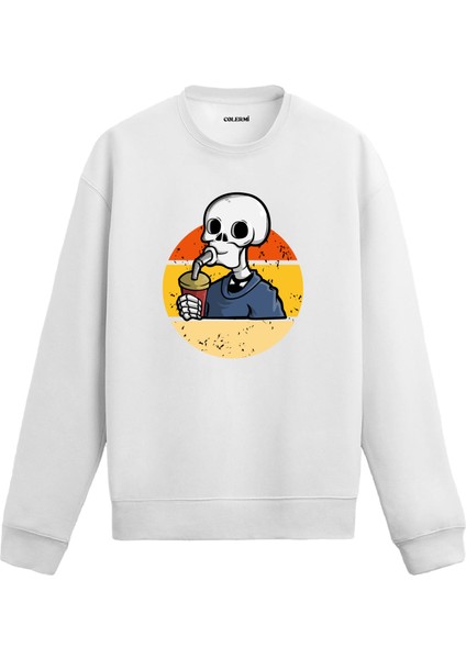 Retro Içecekli Kurukafa Tasarım Baskılı Unisex Sweatshirt