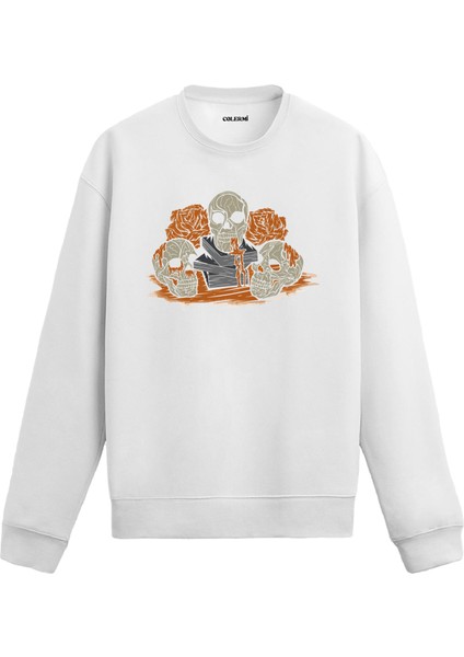 Üç Kafatası ve Gül Desenli Tasarım Baskılı Unisex Sweatshirt