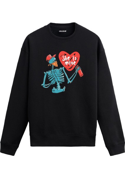 Grafiti Kalp ve Iskelet Figürlü Tasarım Baskılı Unisex Sweatshirt