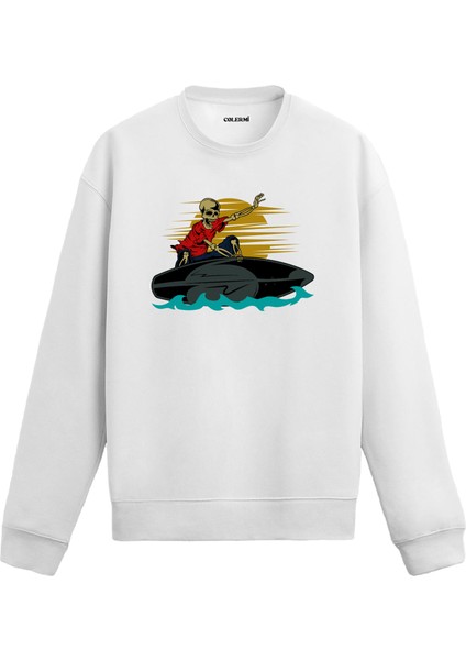 Sörf Yapan Iskelet Tasarım Baskılı Unisex Sweatshirt
