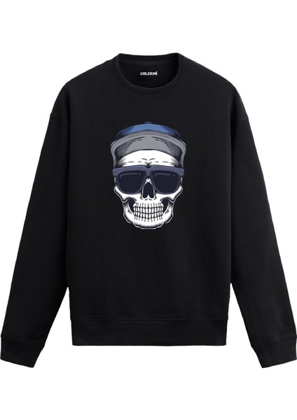 Şapkalı Gözlüklü Iskelet Tasarım Baskılı Unisex Sweatshirt
