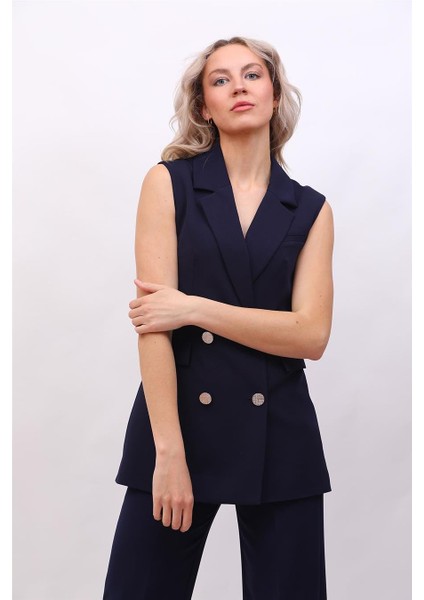 Erkek Yaka Blazer Yelek-Lacivert