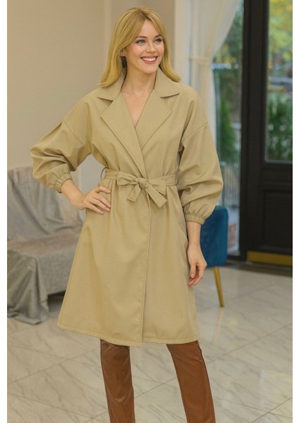Kadın Bej Kuşaklı Balon Kol Trençkot