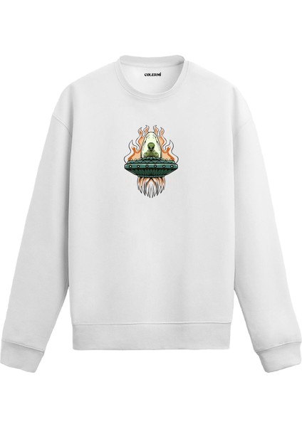 Alevli Uzaylı Figürlü Ufo Tasarım Baskılı Unisex Sweatshirt