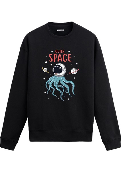 Astronot ve Ahtapot Figürlü Uzay Tasarım Baskılı Unisex Sweatshirt