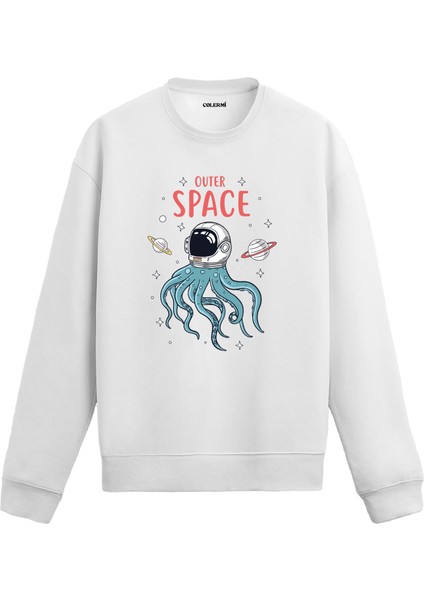Astronot ve Ahtapot Figürlü Uzay Tasarım Baskılı Unisex Sweatshirt