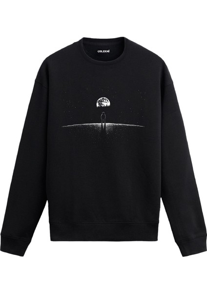 Ay Manzarasında Yalnız Astronot Uzay Tasarım Baskılı Unisex Sweatshirt