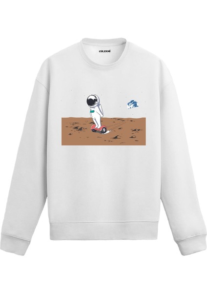 Ay Yüzeyinde Hoverboard Süren Astronot Uzay Tasarım Baskılı Unisex Sweatshirt