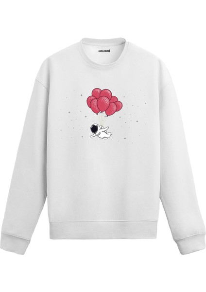 Ayda Balonlarla Süzülen Astronot Uzay Tasarım Baskılı Unisex Sweatshirt