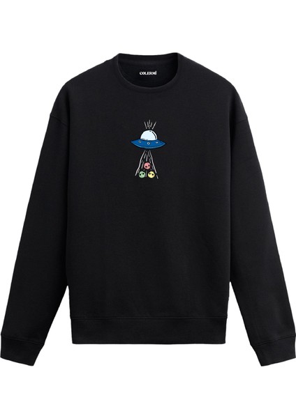 Ufo ve Yüz Ifadesi Uzay Tasarım Baskılı Unisex Sweatshirt