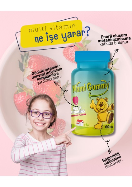 MamiGummy Kids Gummies Multivitamin 60 Adet Çiğnenebilir Gummy Jel Çilek Aromalı modelleri