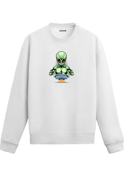 Uzaylı ve Uçan Daire Baskılı Unisex Sweatshirt