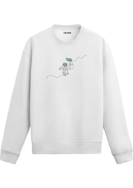 Uzayda Oyuncak Roketle Yüzen Astronot Uzay Tasarım Baskılı Unisex Sweatshirt