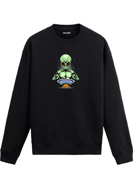 Uzaylı ve Uçan Daire Baskılı Unisex Sweatshirt