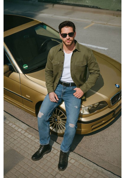 Erkek Oversize Jean Gömlek Haki