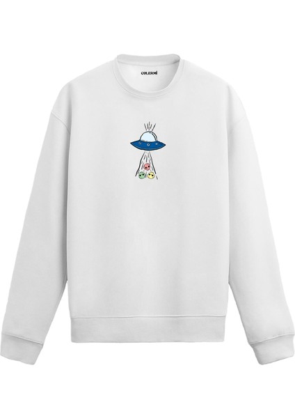 Ufo ve Yüz Ifadesi Uzay Tasarım Baskılı Unisex Sweatshirt