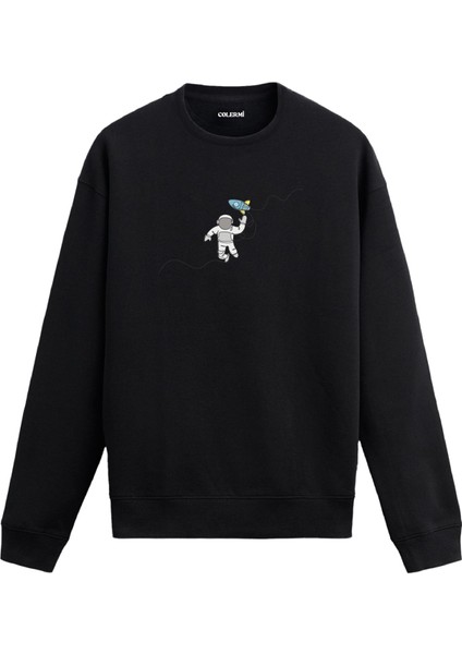 Uzayda Oyuncak Roketle Yüzen Astronot Uzay Tasarım Baskılı Unisex Sweatshirt