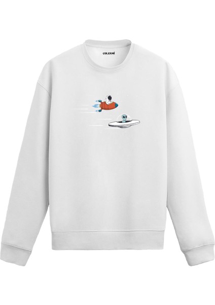 Uzayda Roket ve Ufo Yarışı Uzay Tasarım Baskılı Unisex Sweatshirt