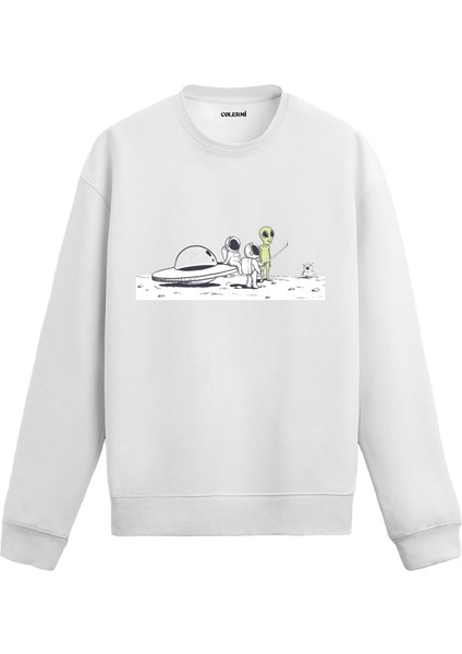 Uzayda Tanışma Anı Uzay Tasarım Baskılı Unisex Sweatshirt