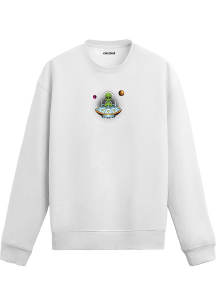 Uzaylı ve Uçan Daire Tasarımlı Unisex Sweatshirt