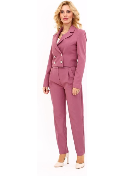 Erkek Yaka Kuruvaze Kısa Ceket & Kemerli Köprülü Dar Paça Pantolon-Rose fiyatları