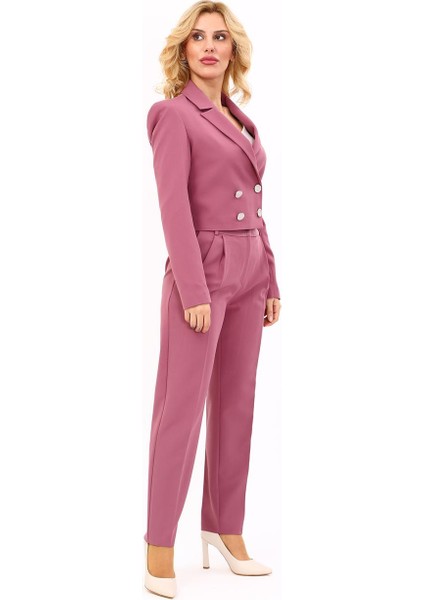 Erkek Yaka Kuruvaze Kısa Ceket & Kemerli Köprülü Dar Paça Pantolon-Rose fırsatları