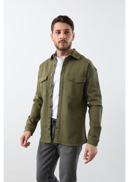 Erkek Oversize Jean Gömlek Haki