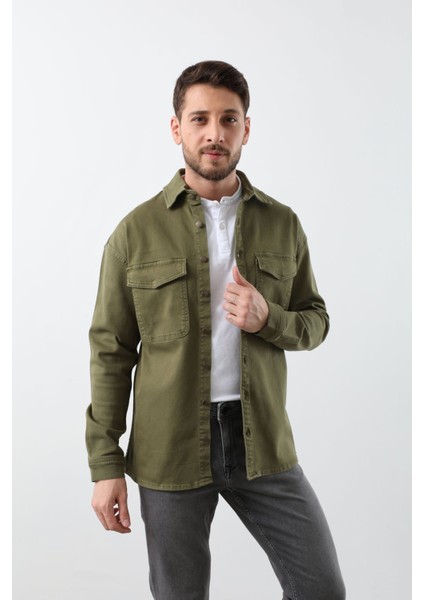 Erkek Oversize Jean Gömlek Haki