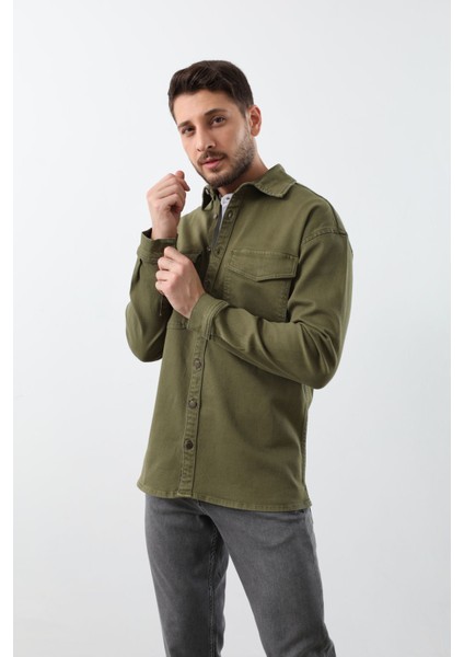 Erkek Oversize Jean Gömlek Haki