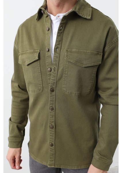 Erkek Oversize Jean Gömlek Haki
