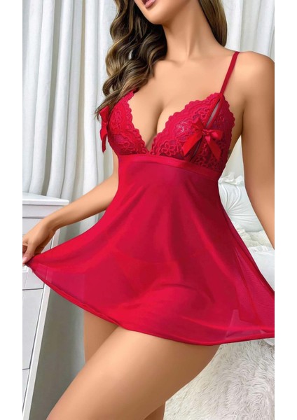 Kadın Kırmızı Fantezi Gecelik Kısa Tül Göğüs Fiyok Detaylı 2097