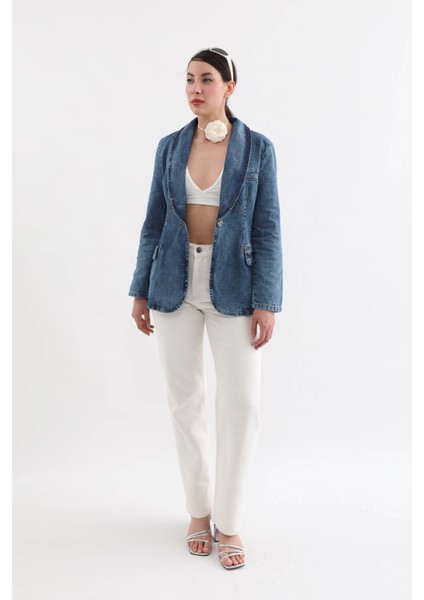 Markapia Kadın Uzun Kollu Tek Düğmeli Jean Ceket Mavi