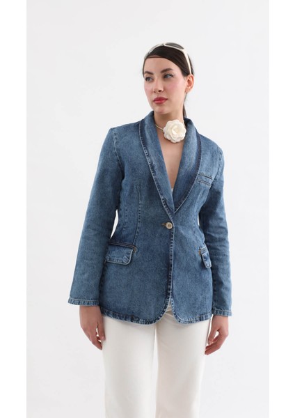 Markapia Kadın Uzun Kollu Tek Düğmeli Jean Ceket Mavi