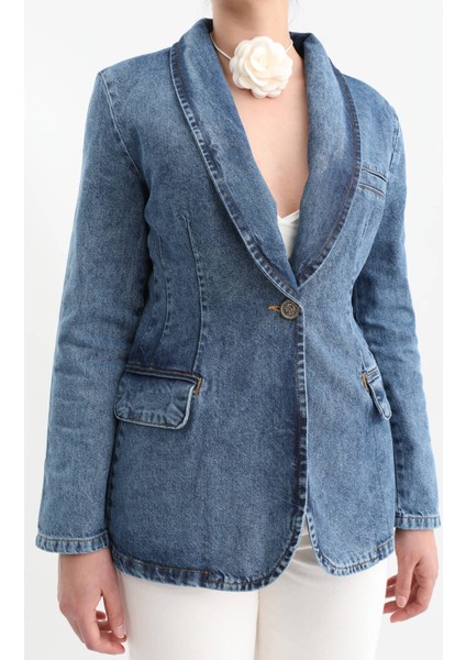 Markapia Kadın Uzun Kollu Tek Düğmeli Jean Ceket Mavi