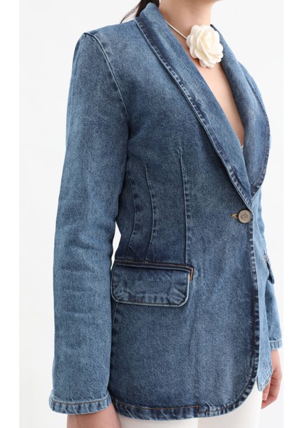 Markapia Kadın Uzun Kollu Tek Düğmeli Jean Ceket Mavi