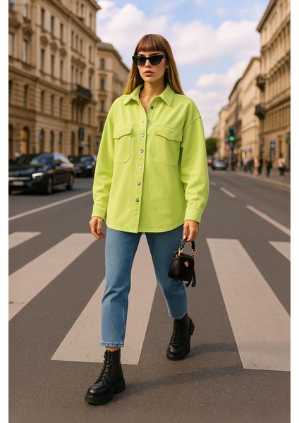 Kadın Oversize Jean Gömlek Neon Yeşil