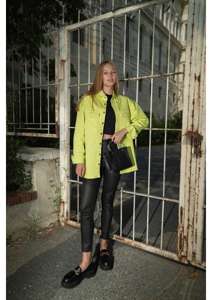 Kadın Oversize Jean Gömlek Neon Yeşil