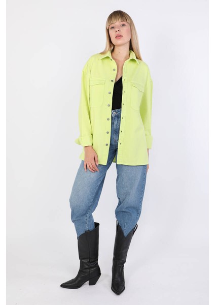 Kadın Oversize Jean Gömlek Neon Yeşil