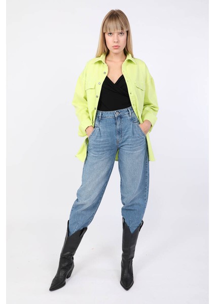 Kadın Oversize Jean Gömlek Neon Yeşil