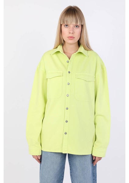 Kadın Oversize Jean Gömlek Neon Yeşil
