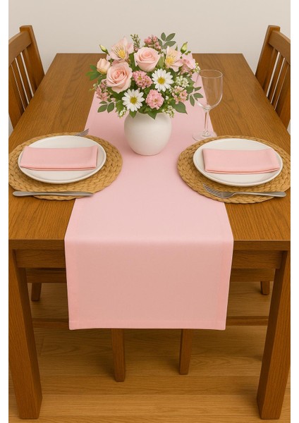 Runner Leke Tutmaz Keten Masa Örtüsü 45X160 cm Pembe