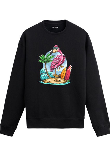 Flamingo ve Sörf Tasarım Baskılı Unisex Sweatshirt