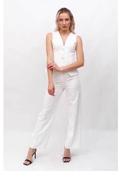 Klasik Yelek & Bol Paça Pantolon Takım-Beyaz fiyatları