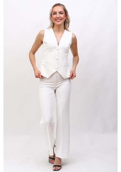 Klasik Yelek & Bol Paça Pantolon Takım-Beyaz indirimleri