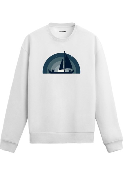 Yelkenli Figürlü Tasarım Baskılı Unisex Sweatshirt